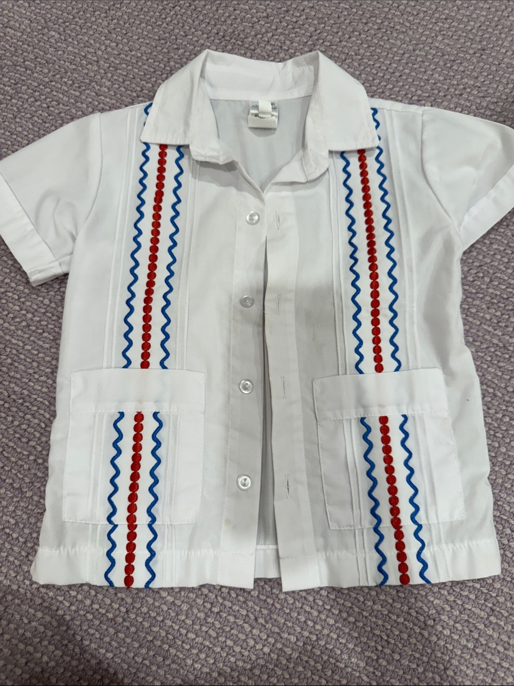 Kids guayabera White Short Sleeve Embroidered Shirt with Red & Blue Trim fourth